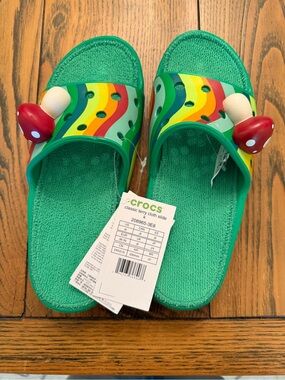 CROCS Kids Green Terry Cloth Slide with Rainbow Stripes & Red Mushroom Charms